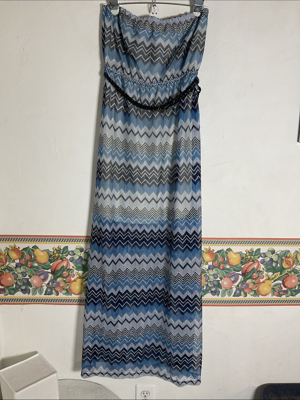 Pink Rose Navy Blue Chevron Strapless Mesh Maxi Dress Size L NWT